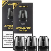 Pack of 3 Voopoo Argus replacement pods 1.2Ω, featuring 2ml e-liquid capacity with an easy side-fill system, designed for smooth mouth-to-lung (MTL) vaping and compatible with Voopoo Argus pod devices.